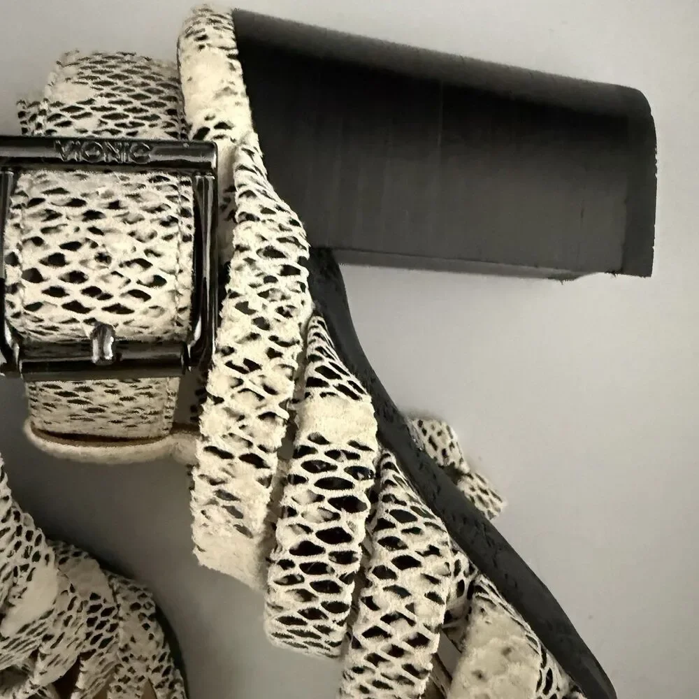Vionic Sami Block Heel Sandal 6.5 Caged Black White Snake Print Very Comfy NWOB